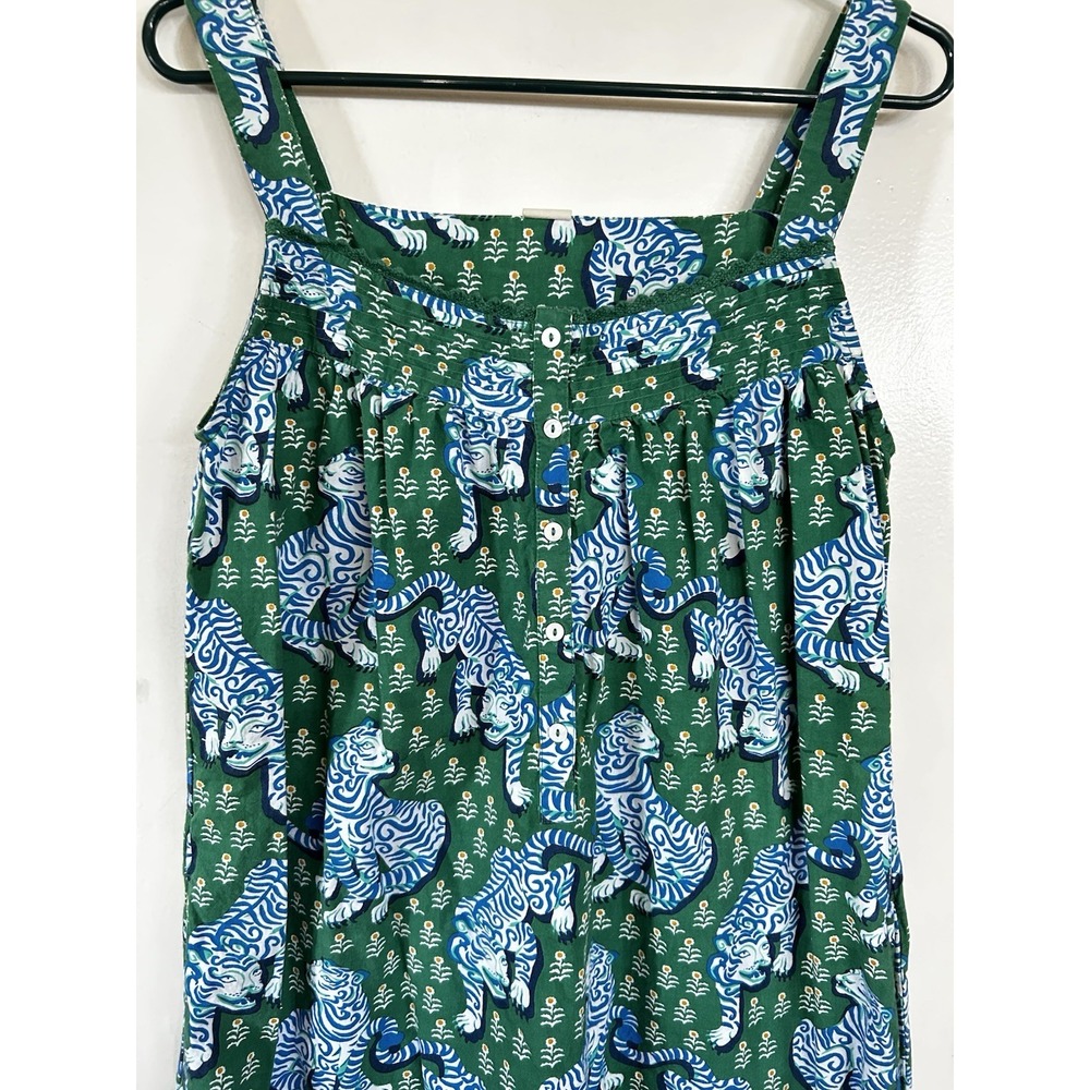 Print Fresh Nightgown Midi Night Dress Green Blue Tiger Queen W/ Pockets Sz S
